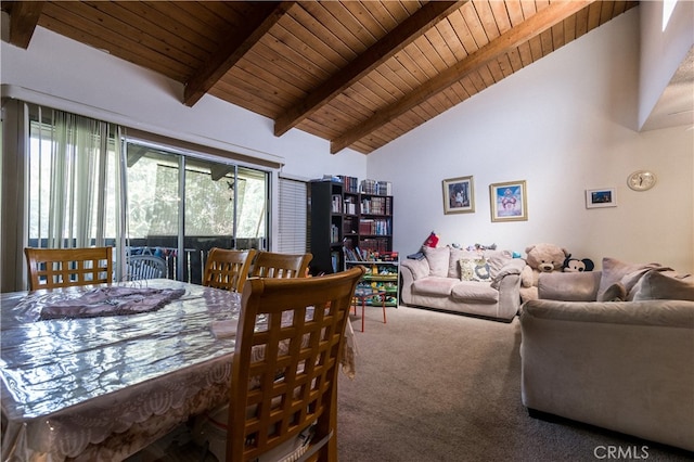 dining room featuring wooden ceiling, carpet flooring, beamed ceiling, and high vaulted ceiling