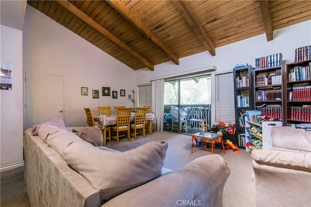 carpeted living room featuring wood ceiling, beam ceiling, and high vaulted ceiling