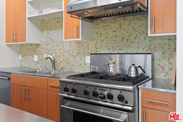 kitchen with sink, decorative backsplash, ventilation hood, and appliances with stainless steel finishes