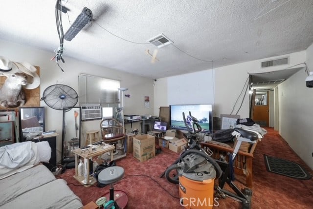 carpeted living room with a textured ceiling