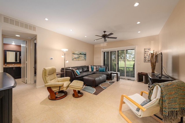 living room with ceiling fan