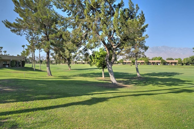 view of property's community featuring a mountain view and a yard