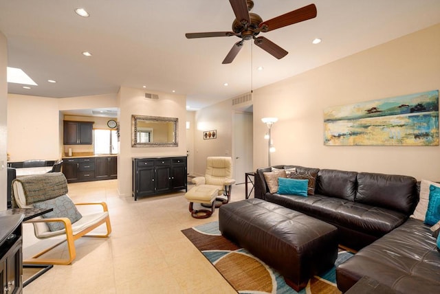 living room with ceiling fan