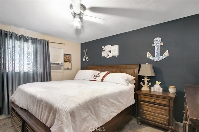 bedroom featuring cooling unit, ceiling fan, and carpet flooring