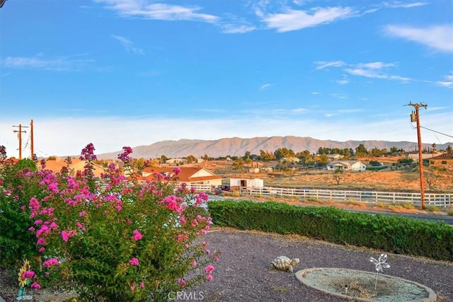 view of yard with fence and a mountain view