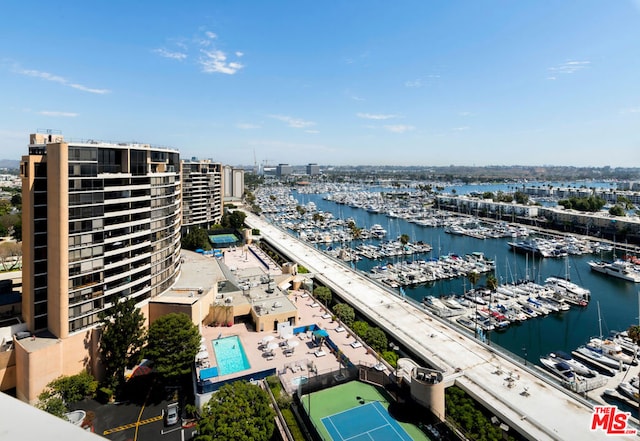 aerial view featuring a water view