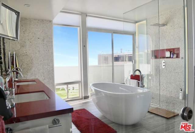 bathroom with hardwood / wood-style flooring, floor to ceiling windows, a healthy amount of sunlight, and vanity