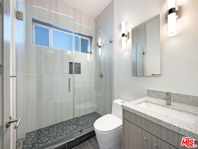 bathroom with vanity, toilet, and a shower with shower door