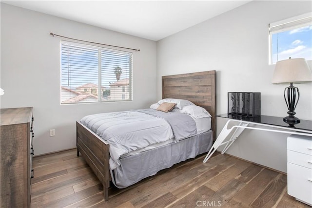 bedroom with multiple windows and dark hardwood / wood-style floors