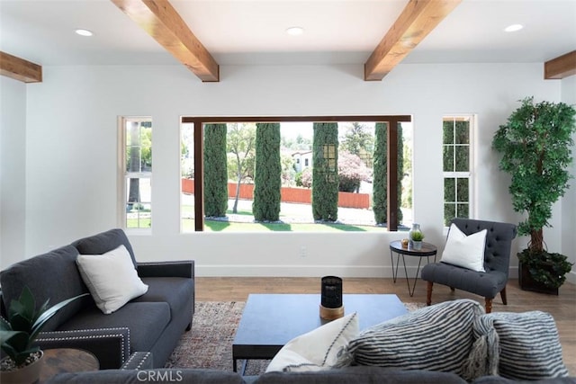 living room featuring a wealth of natural light, beam ceiling, and wood-type flooring