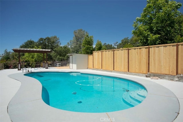 view of pool with a storage unit and a patio area