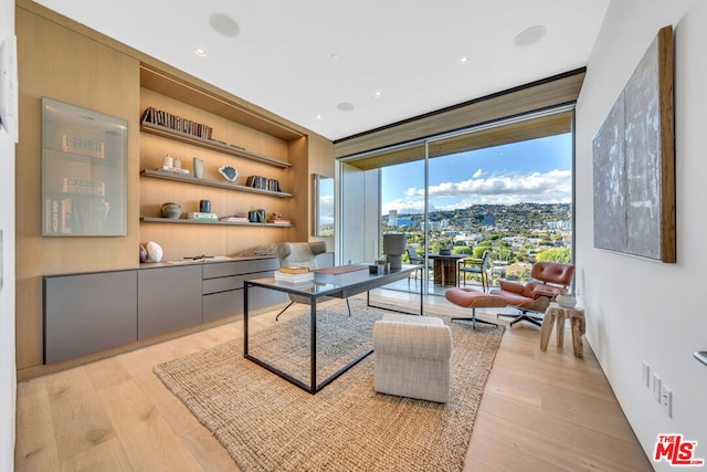 office featuring a wall of windows and light hardwood / wood-style floors