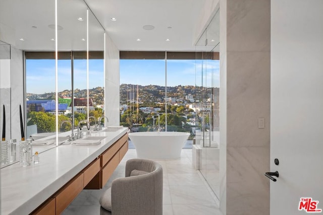 interior space featuring a wall of windows and sink