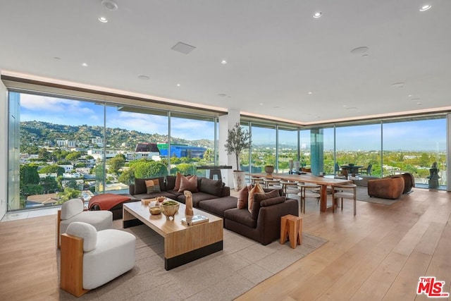 living room with expansive windows, light hardwood / wood-style flooring, and a healthy amount of sunlight