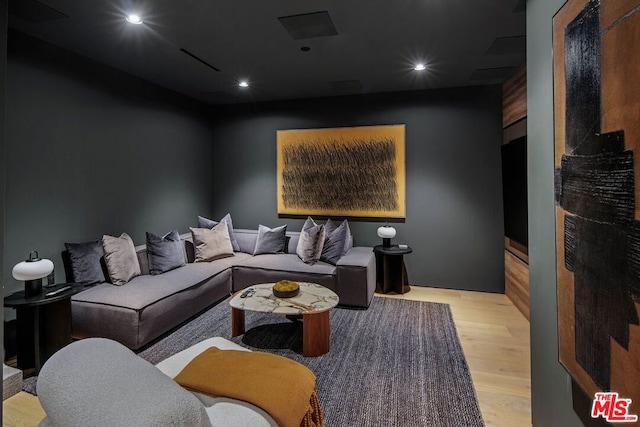 cinema room with light hardwood / wood-style floors