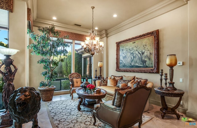 living room featuring light tile patterned floors, ornamental molding, and a chandelier