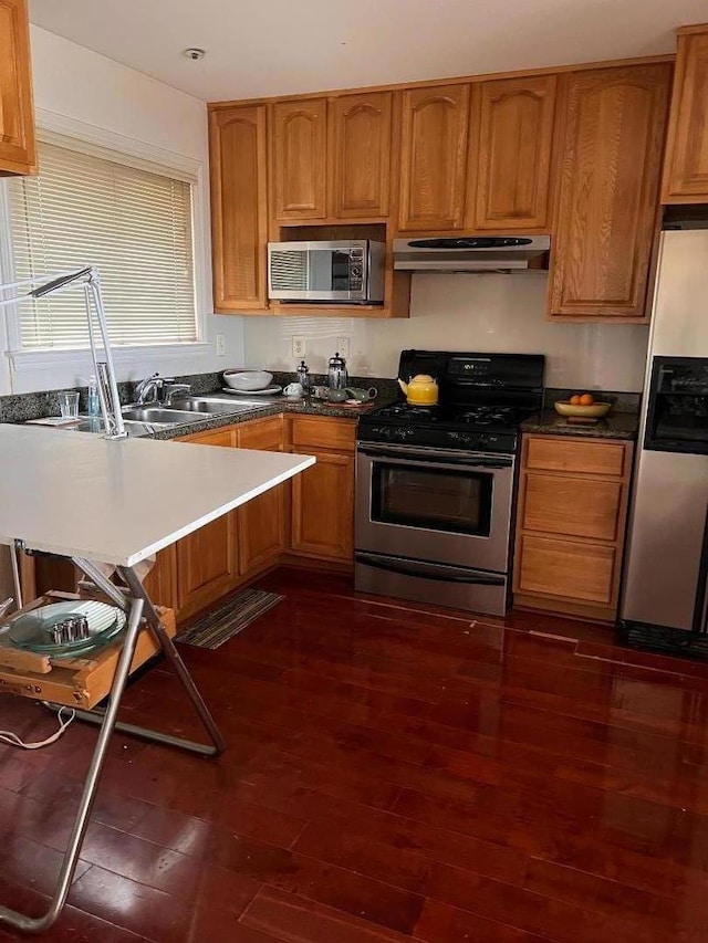 kitchen featuring stainless steel appliances, dark wood-type flooring, and sink