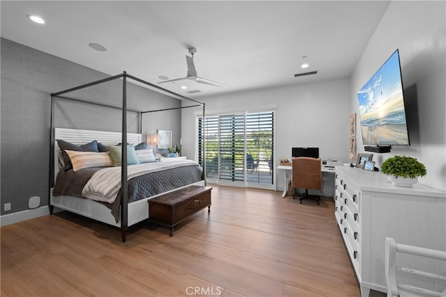 bedroom featuring ceiling fan, access to outside, and light wood-type flooring