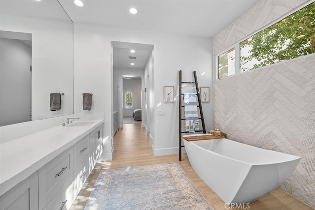 bathroom with vanity, hardwood / wood-style floors, and a washtub