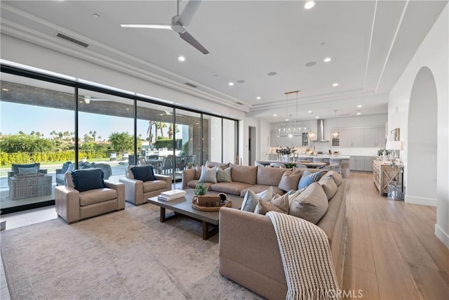 living room featuring ceiling fan and light wood-type flooring