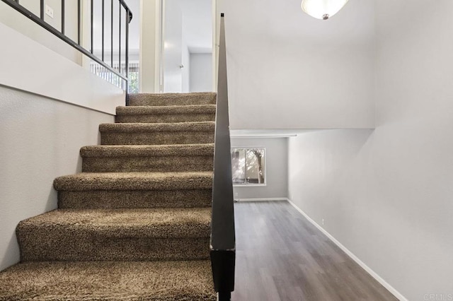 stairs with hardwood / wood-style flooring