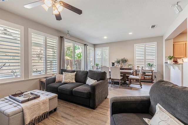 living room with ceiling fan, plenty of natural light, and light wood-type flooring