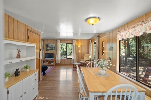 dining room featuring wood walls and dark hardwood / wood-style flooring