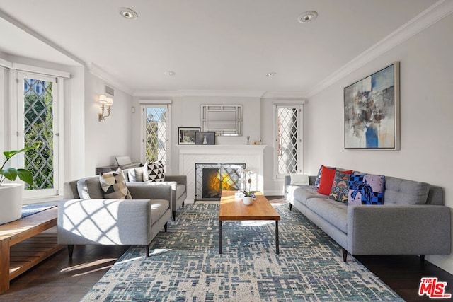 living room with a high end fireplace, dark hardwood / wood-style flooring, and ornamental molding