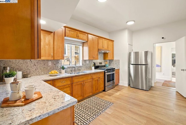 kitchen with tasteful backsplash, sink, light wood-type flooring, light stone countertops, and stainless steel appliances