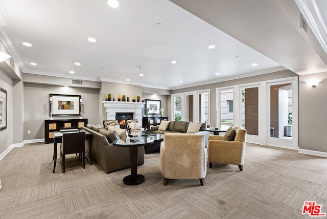 living room featuring light carpet and ornamental molding