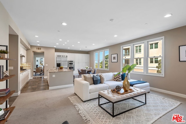 carpeted living room featuring sink