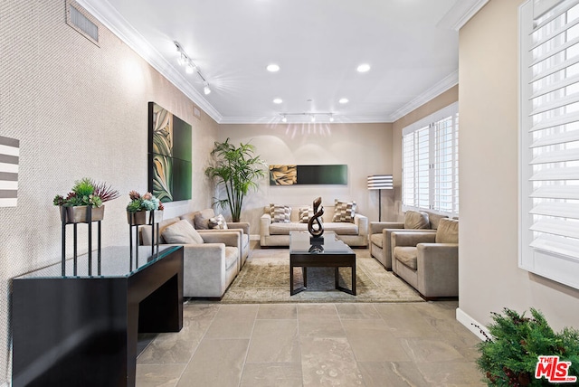 living room featuring crown molding and rail lighting