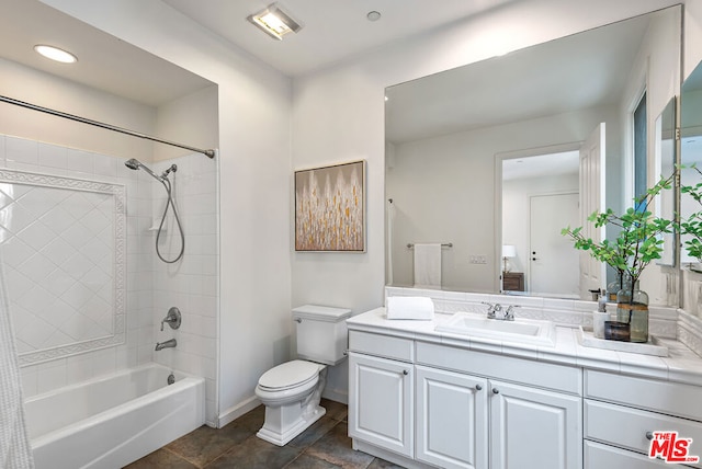 full bathroom with toilet, vanity, and shower / tub combo with curtain