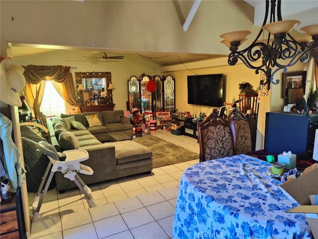 tiled living room featuring vaulted ceiling and ceiling fan