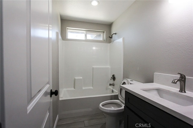 full bathroom with bathing tub / shower combination, vanity, toilet, and tile patterned floors