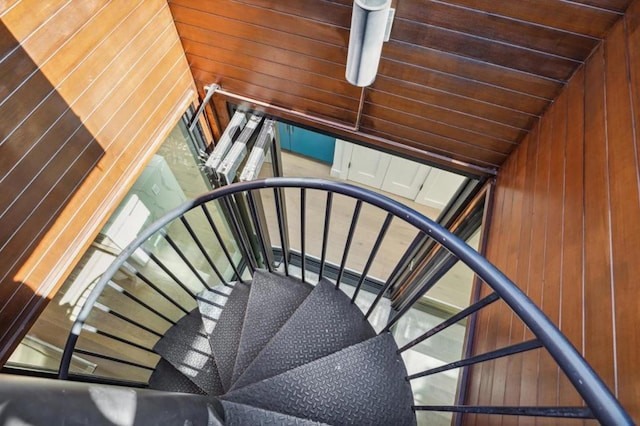 staircase featuring lofted ceiling and wood walls