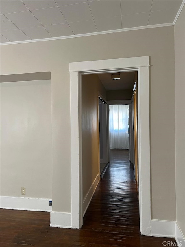 hallway with dark wood-type flooring and ornamental molding