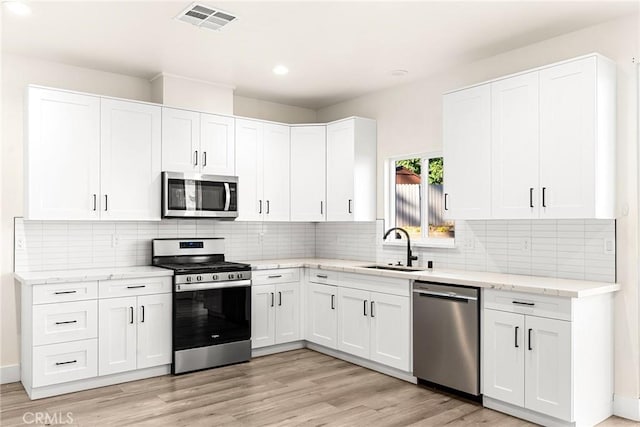 kitchen with sink, light hardwood / wood-style flooring, backsplash, white cabinets, and appliances with stainless steel finishes