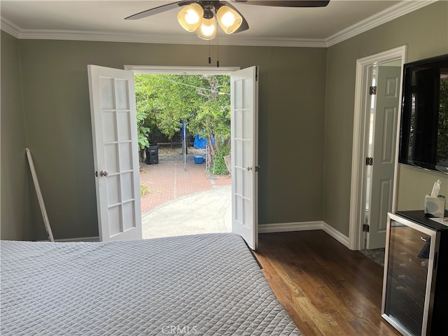 bedroom with wood-type flooring, wine cooler, multiple windows, and ceiling fan