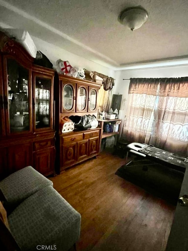 interior space featuring a textured ceiling and dark hardwood / wood-style flooring