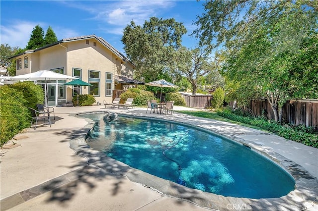 view of pool featuring a fenced backyard, a fenced in pool, and a patio