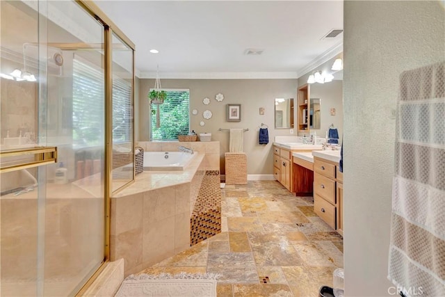 full bath with visible vents, stone tile floors, a bath, and crown molding