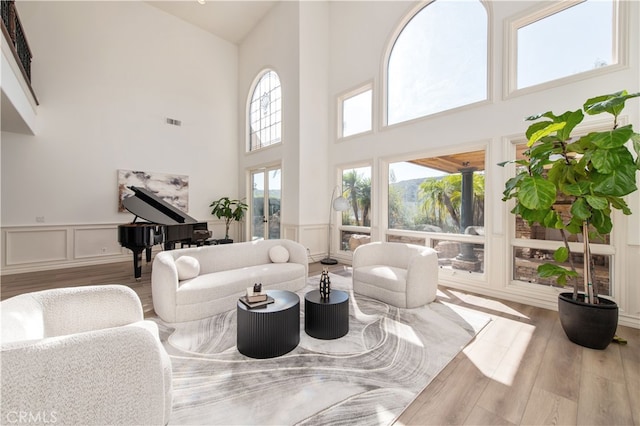 living room featuring hardwood / wood-style floors and a towering ceiling