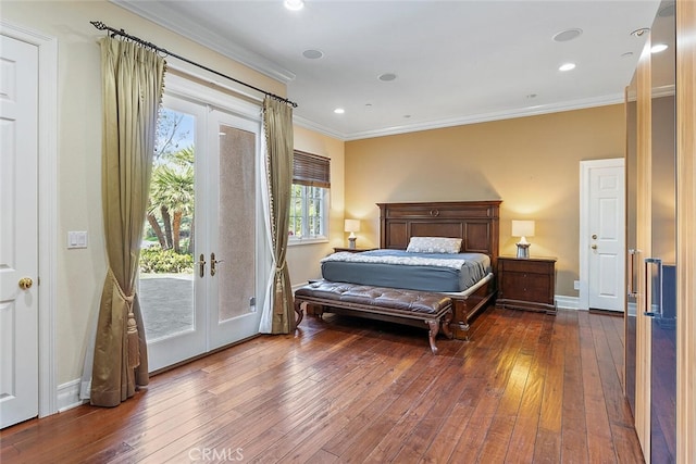 bedroom with dark wood-type flooring, access to outside, french doors, and crown molding