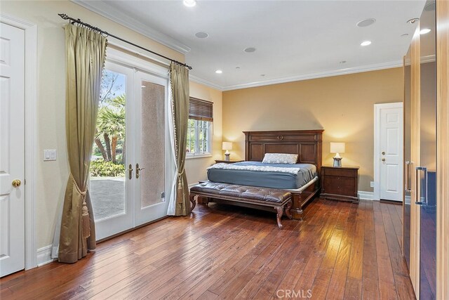 11755 Collar Ave, Tustin, CA 92782 - bedroom featuring french doors, access to exterior, ornamental molding, and dark wood-style floors