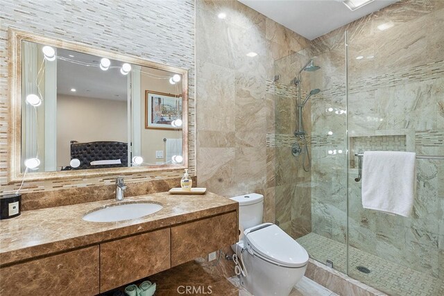 11755 Collar Ave, Tustin, CA 92782 - bathroom featuring a shower stall, tile walls, and vanity