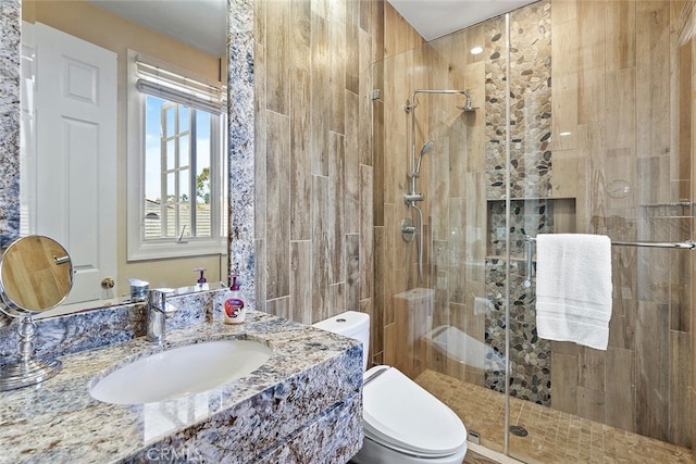 bathroom with vanity, toilet, and a shower with shower door