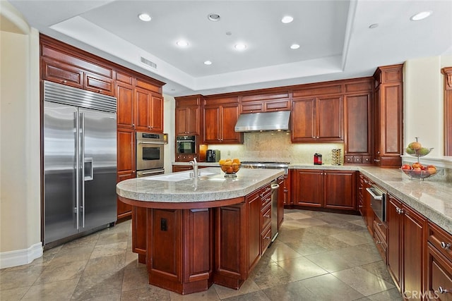 kitchen with sink, an island with sink, stainless steel appliances, backsplash, and a raised ceiling