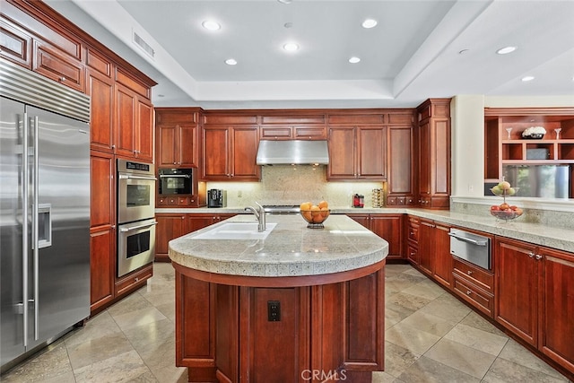 kitchen with decorative backsplash, stainless steel appliances, a tray ceiling, and a kitchen island with sink