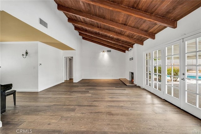 interior space with high vaulted ceiling, french doors, dark hardwood / wood-style floors, wooden ceiling, and beam ceiling